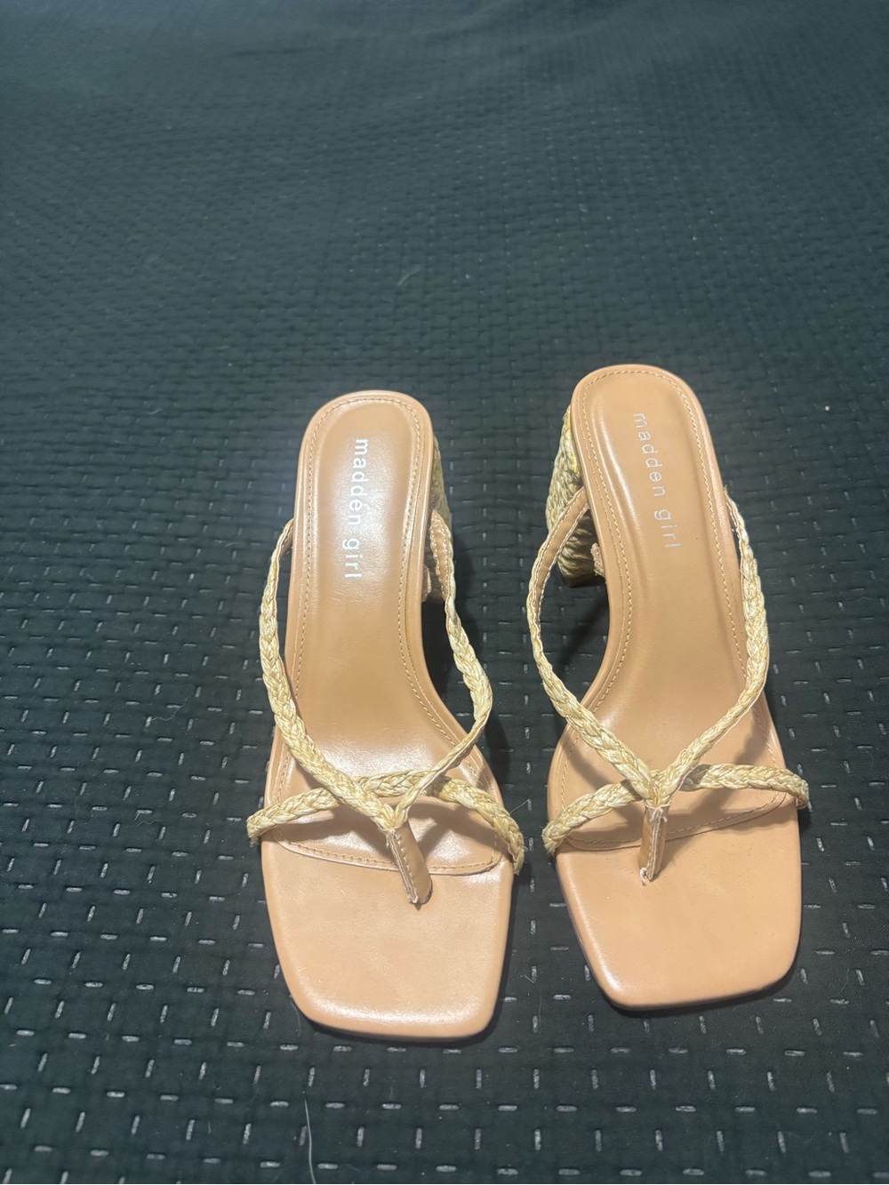 Madden Girl Tan Braided-Strap Square-Toe Heeled Sandals
